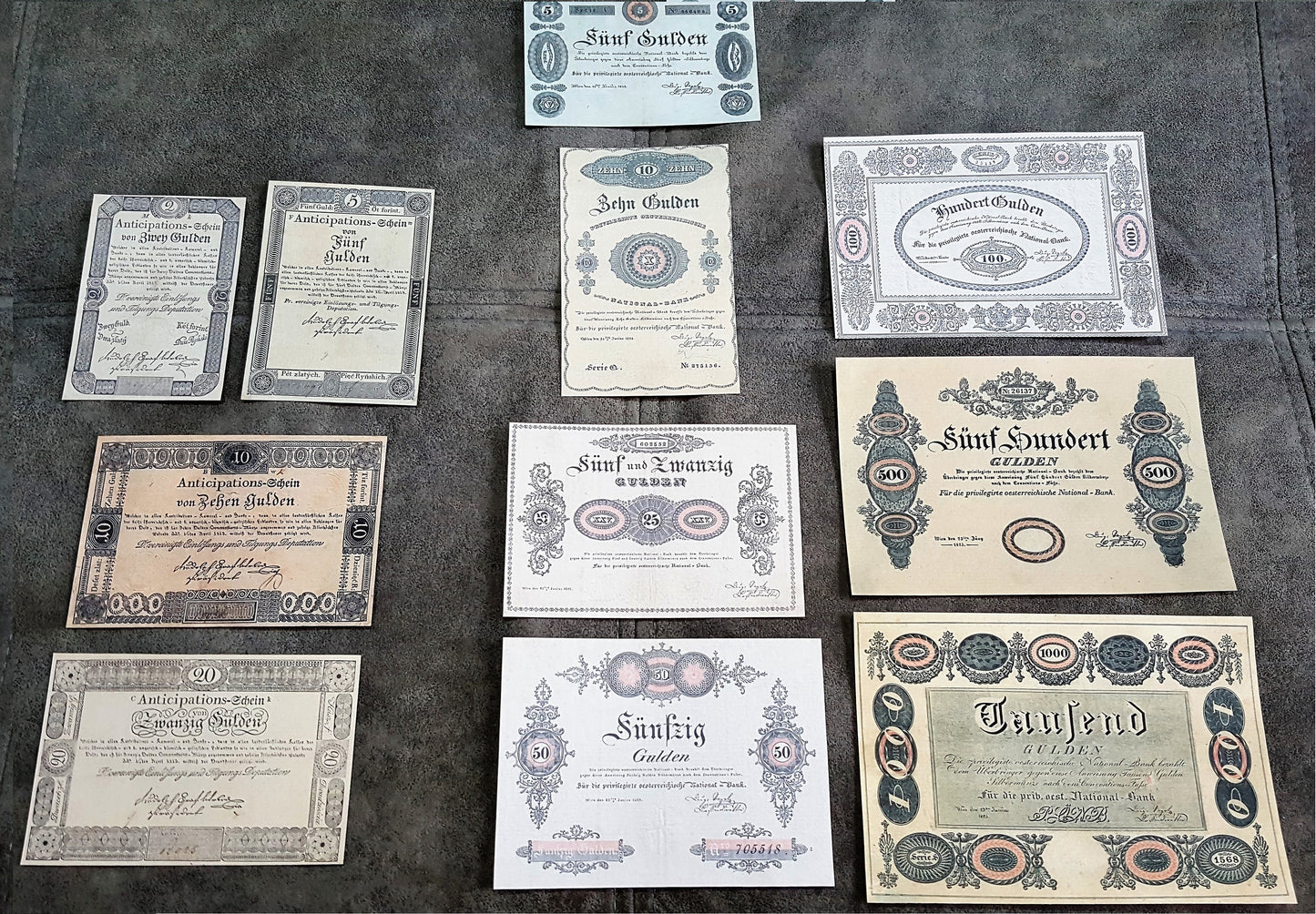 Reprint on paper with W/M Austria Banknotes 1813 - 1825 year. FREE SHIPPING