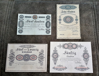 Réimpression sur papier filigrané - Billets de banque autrichiens 1813 - 1825. LIVRAISON GRATUITE