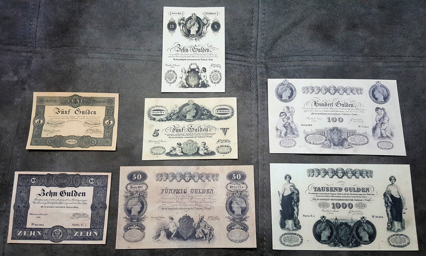 Reprint on paper with W/M Austria Banknotes 1833-1841 years. FREE SHIPPING