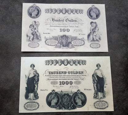 Réimpression sur papier avec filigrane, Billets de banque autrichiens 1833-1841. LIVRAISON GRATUITE