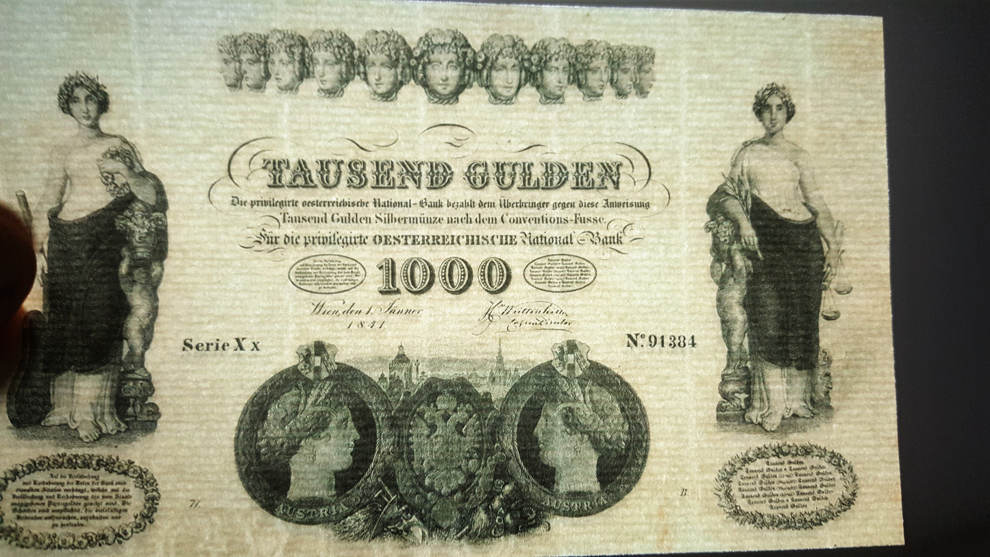 Reprint on paper with W/M Austria Banknotes 1833-1841 years. FREE SHIPPING