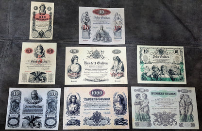 Réimpression sur papier avec filigrane Billets de banque autrichiens 1854-1858-1863. LIVRAISON GRATUITE !