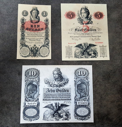 Réimpression sur papier avec filigrane Billets de banque autrichiens 1854-1858-1863. LIVRAISON GRATUITE !