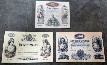 Réimpression sur papier avec filigrane Billets de banque autrichiens 1854-1858-1863. LIVRAISON GRATUITE !