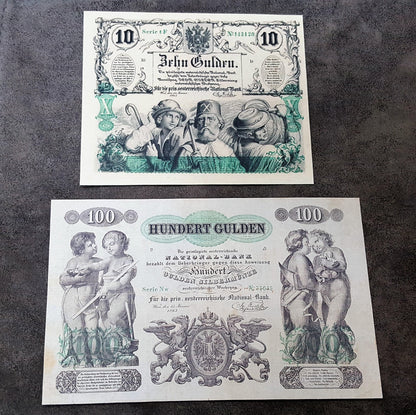 Réimpression sur papier avec filigrane Billets de banque autrichiens 1854-1858-1863. LIVRAISON GRATUITE !