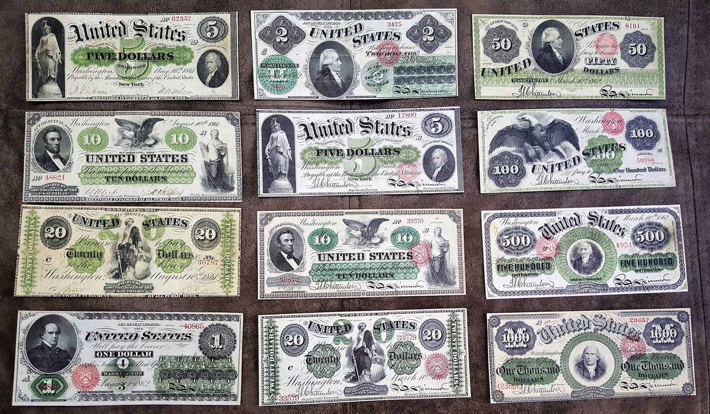 Nachdruck auf Papier mit W/M United States Demand Notes und Legal Tender 1861-1863y