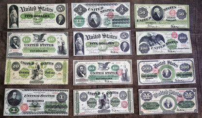 Réimpression sur papier avec filigrane Billets à ordre des États-Unis et Monnaie légale 1861-1863