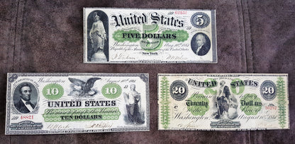 Réimpression sur papier avec filigrane Billets à ordre des États-Unis et Monnaie légale 1861-1863