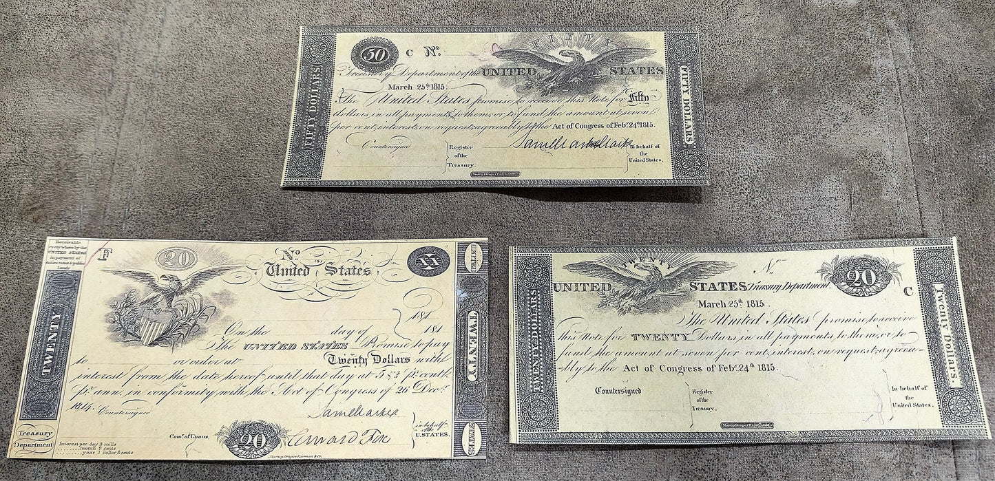 Reprint on paper with W/M United States Treasury Notes 1812-1815 y FREE SHIPPING