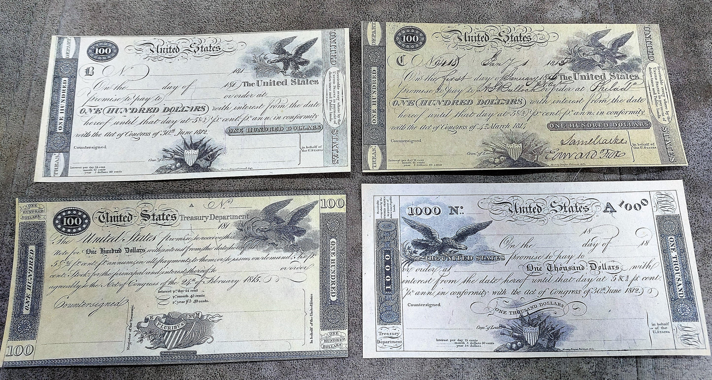 Reprint on paper with W/M United States Treasury Notes 1812-1815 y FREE SHIPPING