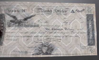 Réimpression sur papier avec filigrane Billets du Trésor des États-Unis 1812-1815 et LIVRAISON GRATUITE