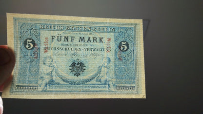 Reimpresión en papel con W/M Alemania 1874-1899. 5, 20, 50 y 100 marcos. ENVÍO GRATUITO.