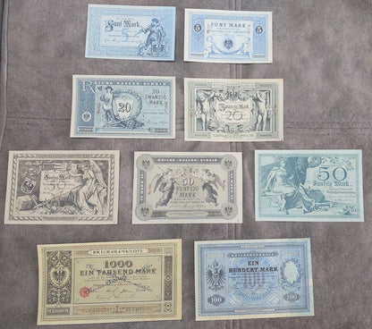 Reimpresión en papel con W/M Alemania 1874-1899. 5, 20, 50 y 100 marcos. ENVÍO GRATUITO.