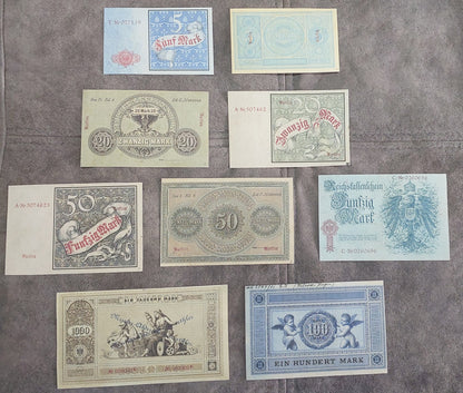 Reimpresión en papel con W/M Alemania 1874-1899. 5, 20, 50 y 100 marcos. ENVÍO GRATUITO.