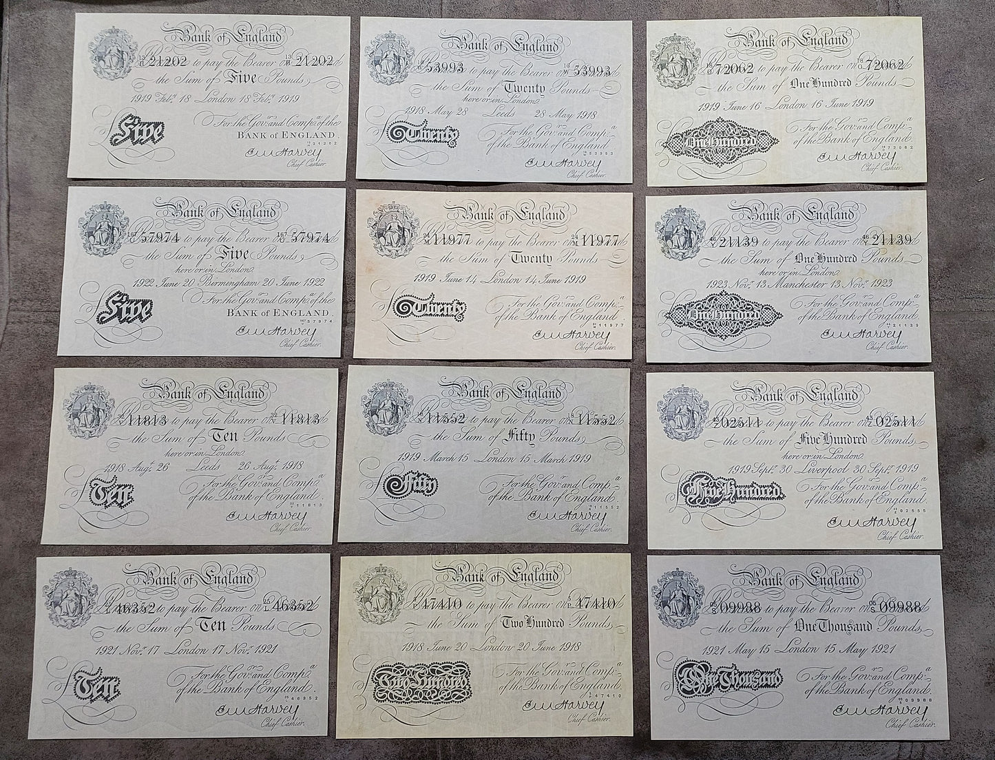 Reprint on paper with W/M England  5 - 1000 Pound 1918-1925 y. UK FREE SHIPPING!