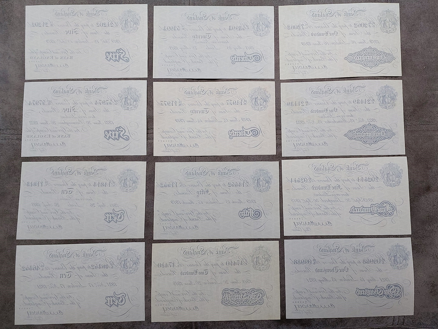 Reprint on paper with W/M England  5 - 1000 Pound 1918-1925 y. UK FREE SHIPPING!