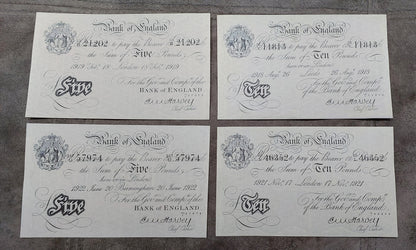 Réimpression sur papier avec filigrane Angleterre 5 - 1000 Livres sterling 1918-1925. ROYAUME-UNI LIVRAISON GRATUITE !