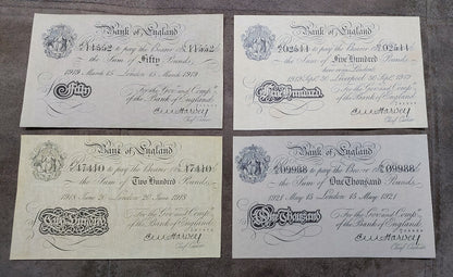 Réimpression sur papier avec filigrane Angleterre 5 - 1000 Livres sterling 1918-1925. ROYAUME-UNI LIVRAISON GRATUITE !