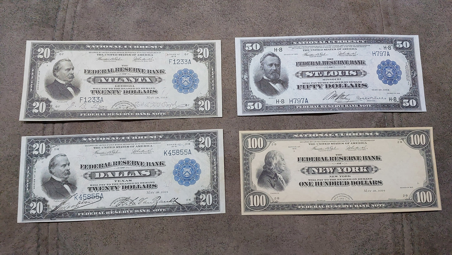 Reprint on paper with W/M United States Federal Reserve Bank 1914 FREE SHIPPING!