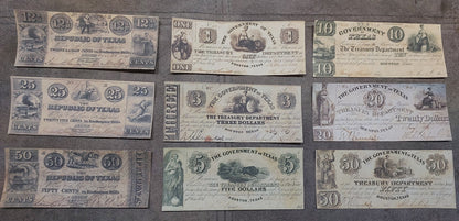 Réimpression Billets de banque périmés des États-Unis Texas 1838-1843. SET-H, LIVRAISON GRATUITE !