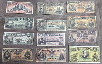 Réimpression sur papier avec filigrane Billets brésiliens mixtes 1885 - 1890. LIVRAISON GRATUITE !