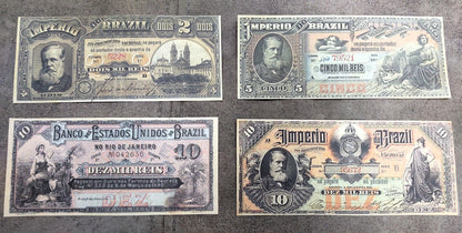 Réimpression sur papier avec filigrane Billets brésiliens mixtes 1885 - 1890. LIVRAISON GRATUITE !