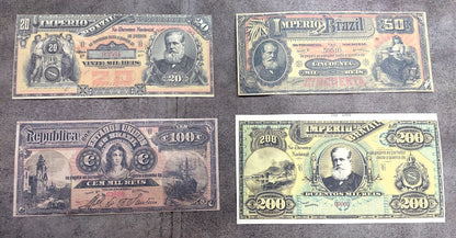Réimpression sur papier avec filigrane Billets brésiliens mixtes 1885 - 1890. LIVRAISON GRATUITE !