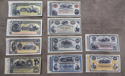 Réimpression sur papier avec filigrane Billets de banque brésiliens de Nice 1866 - 1891. LIVRAISON GRATUITE !
