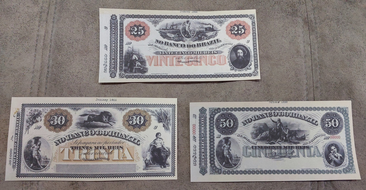 Reprint on paper with W/M Nice Brazil banknotes 1866 - 1891 y.  FREE SHIPPING !