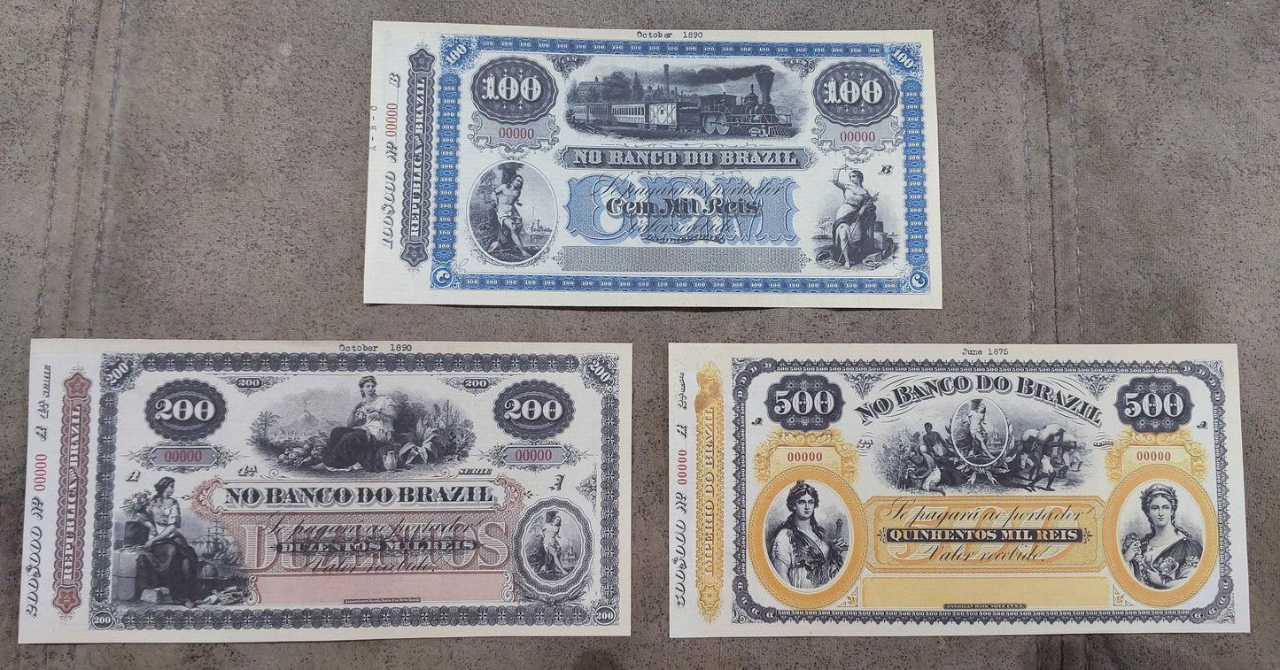 Reprint on paper with W/M Nice Brazil banknotes 1866 - 1891 y.  FREE SHIPPING !
