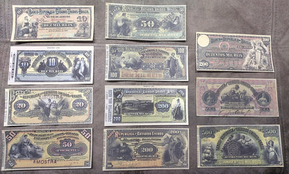 Réimpression sur papier avec filigrane, billets de banque Nice Brésil 1890 - 1891. LIVRAISON GRATUITE !