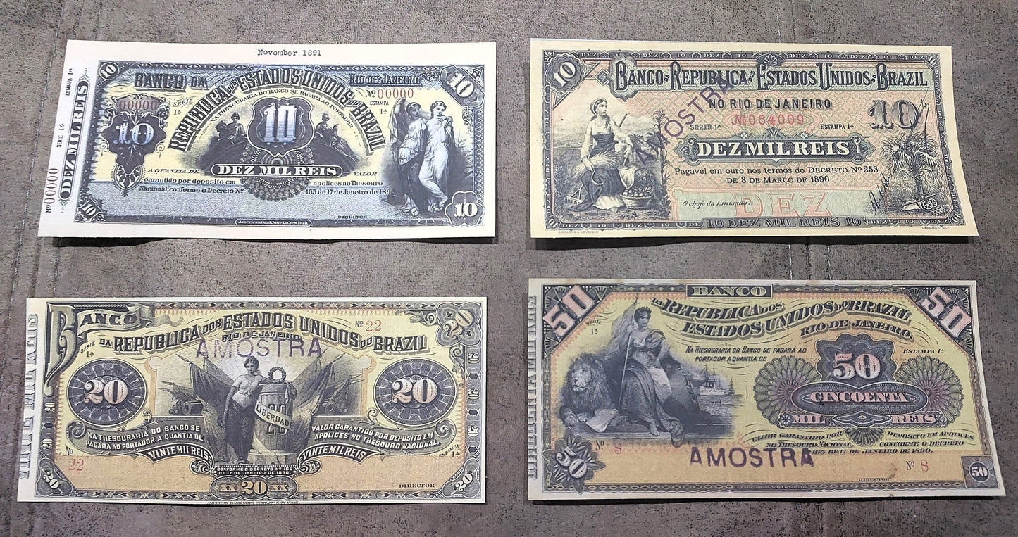 Reprint on paper with W/M Nice Brazil banknotes 1890 - 1891 y.  FREE SHIPPING !