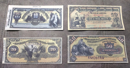 Réimpression sur papier avec filigrane, billets de banque Nice Brésil 1890 - 1891. LIVRAISON GRATUITE !