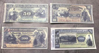 Réimpression sur papier avec filigrane, billets de banque Nice Brésil 1890 - 1891. LIVRAISON GRATUITE !