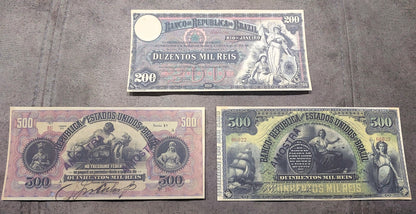 Réimpression sur papier avec filigrane, billets de banque Nice Brésil 1890 - 1891. LIVRAISON GRATUITE !