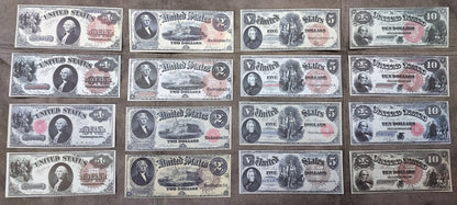 Réimpression sur papier avec filigrane de billets américains de 1 à 10 $ de 1880. Sceaux différents !
