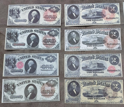 Réimpression sur papier avec filigrane de billets américains de 1 à 10 $ de 1880. Sceaux différents !