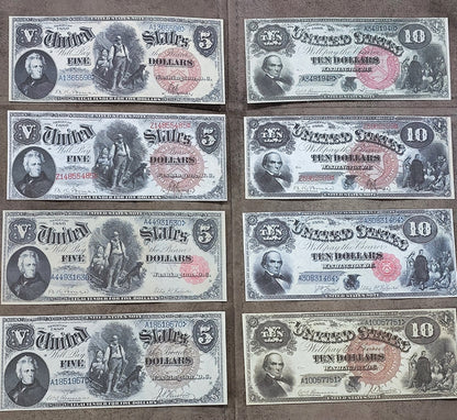 Réimpression sur papier avec filigrane de billets américains de 1 à 10 $ de 1880. Sceaux différents !