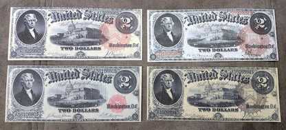 Réimpression sur papier avec filigrane de billets américains de 1 à 10 $ de 1880. Sceaux différents !