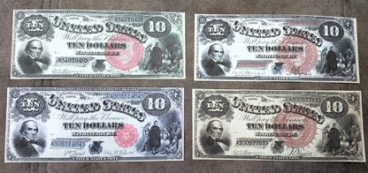 Réimpression sur papier avec filigrane de billets américains de 1 à 10 $ de 1880. Sceaux différents !
