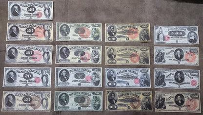 Réimpression sur papier avec filigrane Billets de banque des États-Unis 20-1000$ 1880 Différents sceaux!