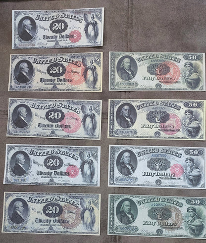 Réimpression sur papier avec filigrane Billets de banque des États-Unis 20-1000$ 1880 Différents sceaux!