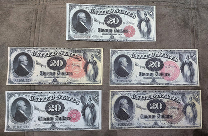 Réimpression sur papier avec filigrane Billets de banque des États-Unis 20-1000$ 1880 Différents sceaux!