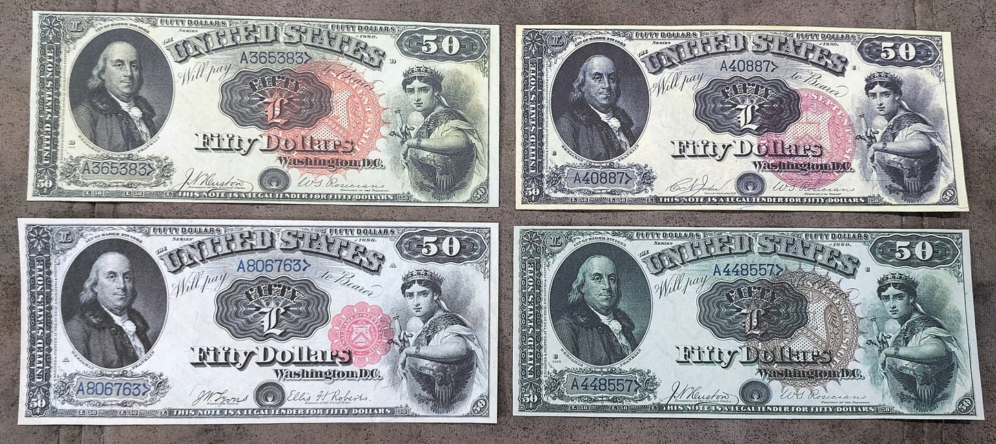 Nachdruck auf Papier mit W/M-Banknoten der Vereinigten Staaten von 20-1000 $, 1880. Verschiedene Siegel!