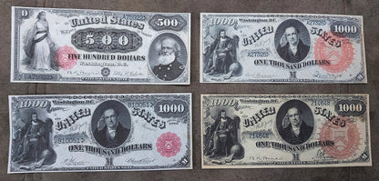 Réimpression sur papier avec filigrane Billets de banque des États-Unis 20-1000$ 1880 Différents sceaux!