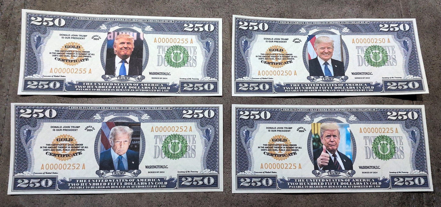 Souvenir 4 Bills United States 250 Dollar 2025 with Donald Trump FREE SHIPPING !