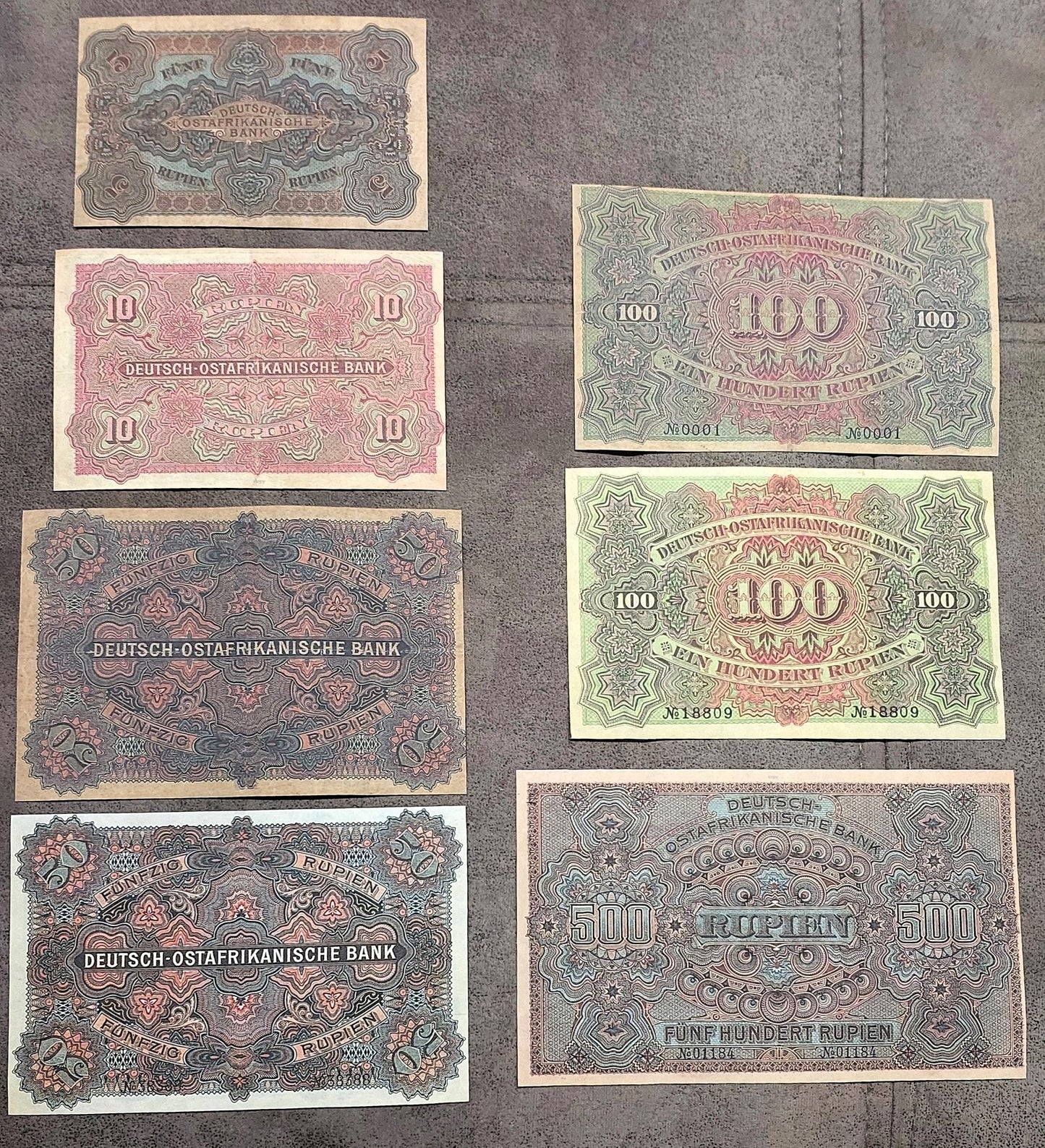 Reprint on paper with W/M German East Africa 5, 10, 50, 100, 500 Rupien 1905 NEW