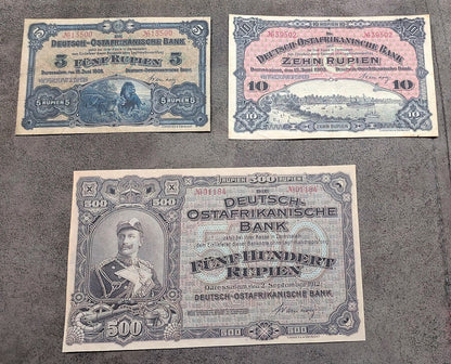 Réimpression sur papier avec filigrane Afrique Orientale Allemande 5, 10, 50, 100, 500 Rupies 1905 NOUVEAU