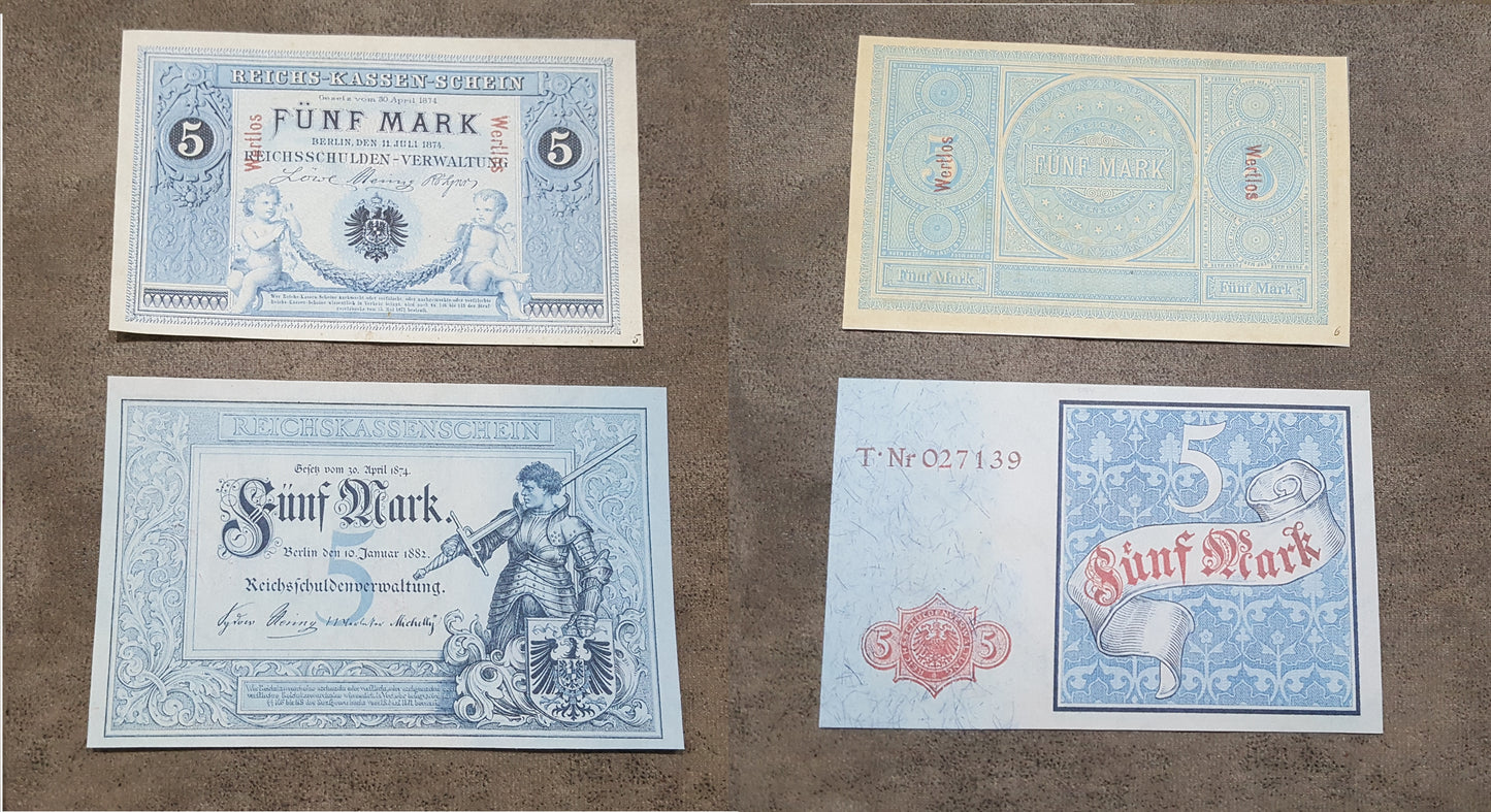 Reprint on paper with W/M Germany  1874-1899 y. 5,20,50,100 Marks. FREE SHIPPING