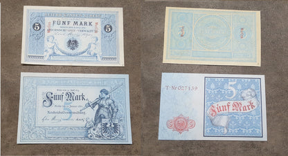 Reimpresión en papel con W/M Alemania 1874-1899. 5, 20, 50 y 100 marcos. ENVÍO GRATUITO.
